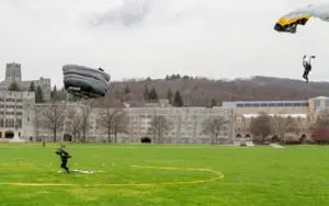 Members of the U.S. Military Academy Black Knights Parachute team jump during the 2014 Inter-Service Academy Meet.