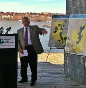 Beacon Mayor Randy Casale speaks at the Campaign for a Cleaner Hudson press conference at Long Dock Park on April 15. Photo by B. Cronin