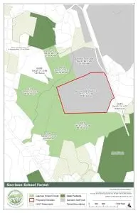 A map shows the area where the Garrison School Forest connects to state parkland and where a donated parcel would make it more accessible. (Photo courtesy of HHLT)