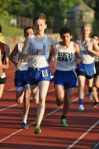 Haldane athletes Nolan Shea, front, and John Swartzwelder, rear, race in the 800-meter event in the Class C Championships at Valhalla on May 22. (Photo by P. Farrell)