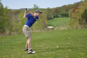 Haldane's Eric Rizzi tees off against Beacon High School at the Garrison Golf Club on Wednesday, May 6 (Photo by Peter Farrell)