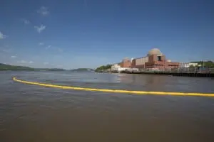 Oil containment deployed off Indian Point.