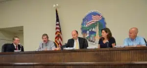 ItsâranksâonceâagainâfullâwithâtheâappointmentâofâCouncilorâRobertâFlaherty,âfarâleft,âtheâPhilipstownâTownâBoardâgetsâdownâtoâbusinessâMayâ7;âotherâmembersâareâ(fromâleft)âCouncilorâMikeâLeonard,âSupervisorâRichardâShea,âandâCouncilorsâNancyâMontgomeryâandâJohnâVanâTassel.
