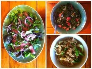 Thai beef salad, sautéed collard greens and Chinese sesame noodles offered by Marnie's during its first week