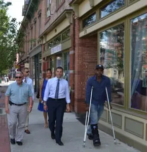Beacon mayor Randy Casale, Deputy Commissioner of Strategic Planning and Economic Development Ron Hicks, Dutchess County Legislator April Farley, Dutchess County Executive Marc Molinaro and Beacon Councilman Ali Muhammad take a stroll down Beacon's Main Street.
