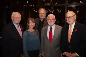  Winners of the Desmond-Fish Library's Associates Awards Bill Hicks, left, Pat Schories, Jed S. Rakoff and Bill Sadler, with Hamilton Fish, Library Board president (second row) at the library's awards dinner at the Roundhouse in Beacon May 29. (Photo by Lori Adams)