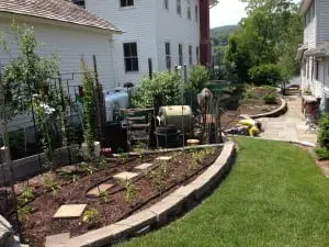 Tidy vegetable beds are terraced into the slope on the side of the house.