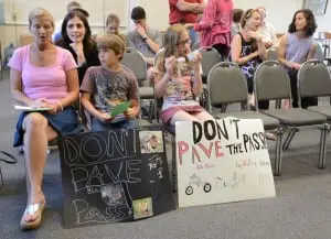 Meeting attendees, including opponents of paving part of South Mountain Pass, await the Board's action June 10 (Photo by L.S. Armstrong)