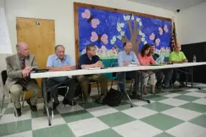 Philipstown officials at the meeting about South Mountain Pass: Engineer Ron Gainer, left, Highway Superintendent Roger Chirico, Councilor Robert Flaherty, Supervisor Richard Shea and Councilors Nancy Montgomery, Mike Leonard and John Van Tassel