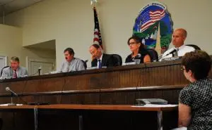 TheâPhilipstownâTownâBoardâduringâaudienceâcommentsâThursdayânight;âCouncilorsâRobertâFlaherty,âleft,âandâMikeâLeonard,âSupervisorâRichardâShea,âCouncilorsâNancyâMontgomeryâandâJohnâVanâTassel