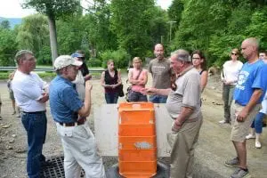 All five Town Board members participated in the tour, along with Philipstown Highway Superintendent Roger Chirico, representatives of the Old Road Society, which opposes paving, and area residents.  Photo by Michael Turton 