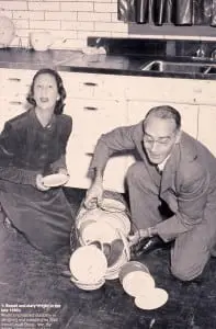 Mary and Russel Wright demonstrating one of their product lines in the late 1940s (photo provided)