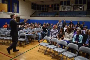 Haldane High School principal Brian Alm spoke with audience at the forum. (Photo by M. Turton) 