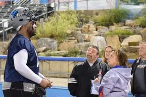 At 6' 6" and 340 pounds, Mike Trice towers over fans after a Fort practice at Dutchess Stadium. (Photo by M. Turton)
