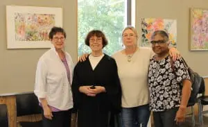 ArtistsâparticipatingâinâtheâInternationalâResidency,âatâworkâonâtheirâfirstâdayâinâtheâstudioâ(leftâtoâright):âVirginiaâDonovan,âKatiaâGerasimov,âcuratorâBashaâMaryanska,âandâNeelaâPushparaj.ââPhotoâbyâA.âRooney