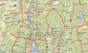 A map by the U.S. Geological Survey shows the locations of its area groundwater level testing points. Green indicates normal levels, orange indicates below normal and black is for high levels.