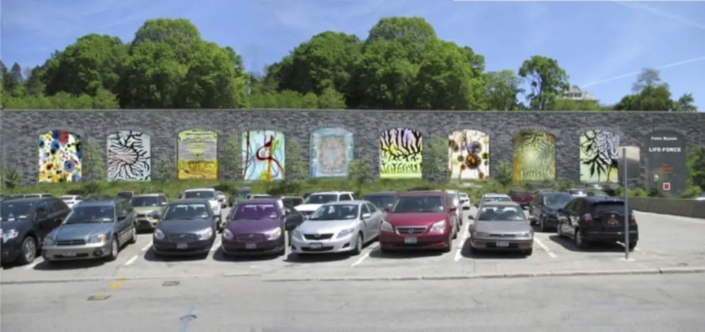Peter Bynum's "Life" fills nine archway spaces below Route 9 with vinyl canvases. (Photo provided)