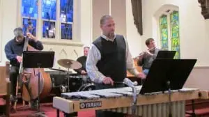 AâpreviousâJazzâVespersâserviceâfeaturedâLewâScottâonâbass,âMikeâLaRoccoâonâdrums,âMarkâShermanâonâvibraphoneâandâRobâSchepsâonâflute.ââPhotoâbyâM.âTurton 