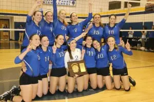 The Haldane varsity volleyball team won the Section 1 Class D Sectional title on Nov. 7, beating Keio High School. Back row, from left: Nicole Etta, Brooke Vahos, Willa Fitzgerald, Morgan Etta, Marissa DiPalo, Jazmyn O'Dell. Front row, from left: Catherine Parr, Apryl Norton, Clara Thompson, Melissa Tringali, Maisy Curto, Sophia Carnabuci, Mackenzie Patinella. Coaches Ashley Anderson and Megan Lyons are not pictured. The Blue Devils easily dispatched Shelter Island on Nov. 10 and play in the regional finals on Nov. 13 against Pine Plains at O’Neill High School. (Photo by Sharon DiPalo)  