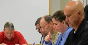 Philipstown Town Board members during recent budget deliberations, from left: Councilors Robert Flaherty and Mike Leonard, Supervisor Richard Shea, Councilors Nancy Montgomery and John Van Tassel; photo by L.S. Armstrong