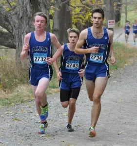 Nick Farrell, Adam Silhavy and Theo Henderson lead the Haldane boys' varsity cross-country team to its eighth consecutive Section 1 Section D championship on Nov. 7. Henderson was also the Section 1 Class D champion. (Photo by Peter Farrell). 