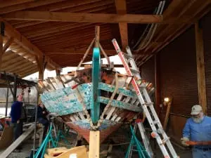 The bow of the Woody Guthrie, under repairs. (Photo by B. Cronin)