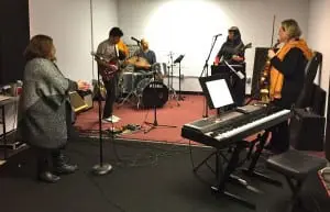 The Heart Like A Wheel musicians (minus guitarist Stephen Clair) rehearsing at Beacon Music Factory (Photo by A. Rooney)