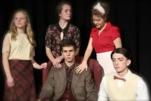 The "Saturday Cast's" Antrobus family and their maid, Sabina: (clockwise, from left) Allie LaRocco, Marina Martin, Leandra Rice, Max Mormar, Theo Henderson (Photo by Jim Mechalakos)