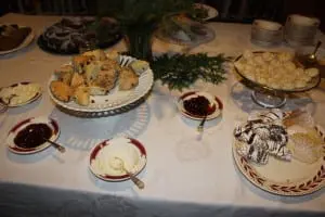 Scones with real clotted cream and jam were a centerpiece of the table of goodies.