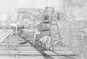 Back Deck with Telescope (etching) by George Knaus (courtesy Lisa Knaus)