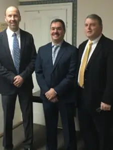 Town Board member Robert Flaherty, right, and new Highway Superintendent Carl Frisenda, center, with Town Supervisor Richard Shea, at their swearing-in ceremony on January 1. Nancy Montgomery, Town Board, and Tina Merando, Town Clerk were also sworn in. Photo provided by Robert Flaherty