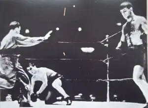 Bettina knocks down Billy Conn in their 1939 title bout (photo courtesy Vinny Bettina)