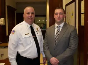 Beacon Police Chief Douglas Solomon introduced new officer, Trevor Wood. (Photo by Kevin E. Foley)