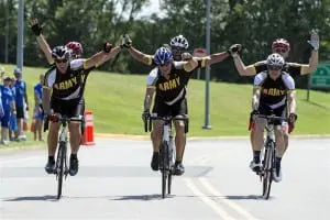 Army visually impaired cycling teams finish together to take gold, silver and bronze medals during the 2015 Warrior Games at Quantico, Virginia (photo by EJ Hersom)