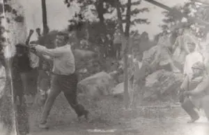 In a photo taken about 1930, Babe Ruth plays ball with local children while visiting friends at Oscawana Lake, Putnam Valley. (From the photo collection of Willett C. Jewell and the Putnam Valley Historical Society)