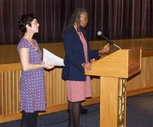 Deborah Davidovits and Lorraine Hexstall moderated the Meet the Candidates forum Wednesday in Beacon. (Photo by Kevin E. Foley)