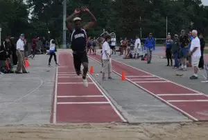Beacon Bulldog Rayvon Grey lands a distance of 47-03.75 in the Triple Jump at the N.Y. State Qualifiers at White Plains High School on June 3. Grey will be heading to the N.Y. State Championships in Syracuse on June 10. (Photo by Peter Farrell) 