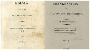 The title pages of the first editions of Emma (1816) and Frankenstein (1818). Both were published over multiple volumes.