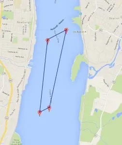 The "barge parking lot" on the Hudson between Beacon and Newburgh that is among those proposed by the Coast Guard. Each barge would have a swing radius of about 1,800 feet. (Google Maps) 