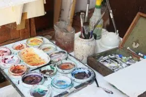 The tools of his trade: Don Nice's paints and brushes.  (Photo by A. Rooney)