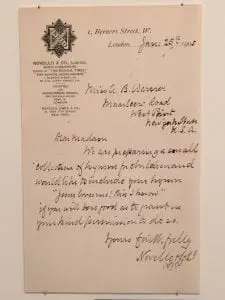 A letter written in 1905 from a British music publisher asking Anna Warner for permission to include "Jesus Loves Me" in a hymnal for children (Photo by A. Rooney)