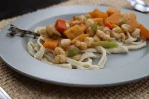 Fresh egg pasta with acorn squash vegetable medley (Photo by M.A. Ebner)