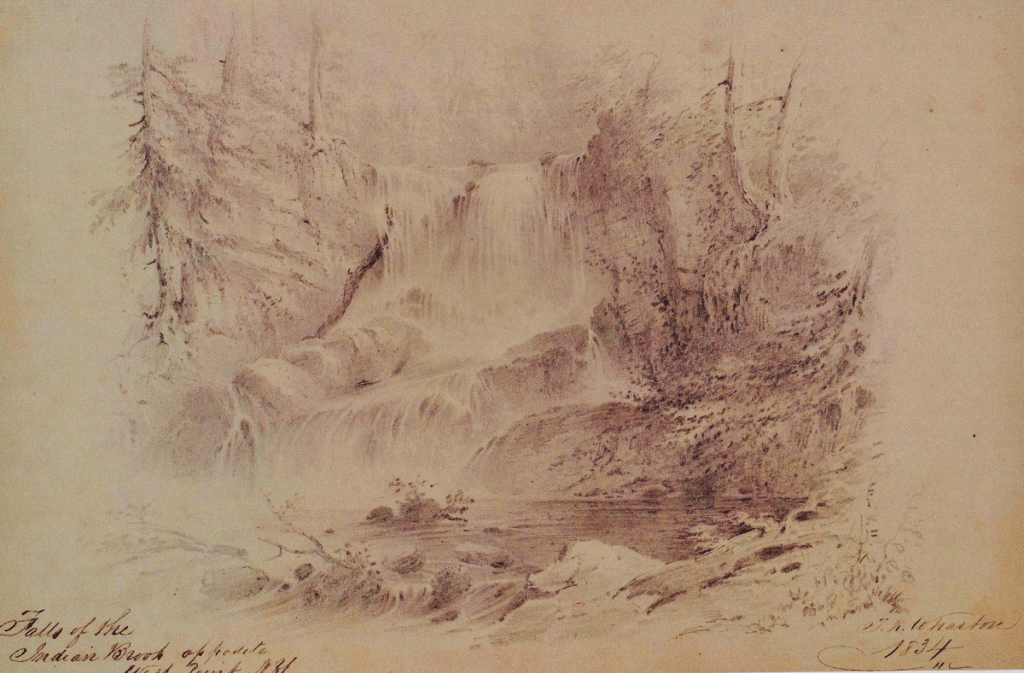 An artist sketched Indian Brook Falls in 1834, around the time  author Washington Irving led an evening jaunt there (Image courtesy of the Chapel Restoration Inc.) 