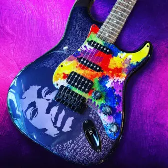 A custom guitar depicting Jimi Hendrix