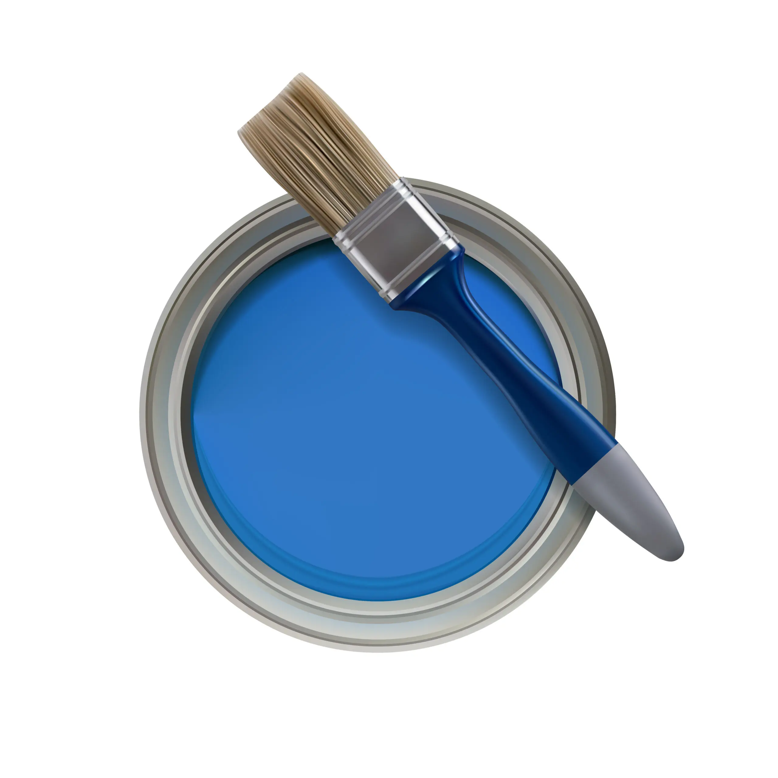Opened can of blue paint and paintbrush. View from above. Vector
