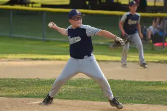 Hawkin Brickman delivers a pitch in the 11U game on Wednesday at Memorial Park.