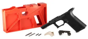 This kit, which was offered for sale online by a New York dealer, includes an unfinished frame and other parts (including drill bits) to make an untraceable gun.