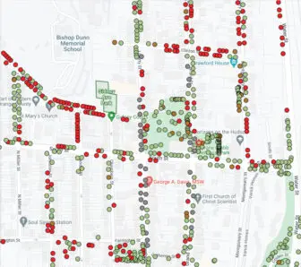A click on any of these dots on Newburgh's tree inventory map will reveal information about the tree, including, in some cases, a photo.