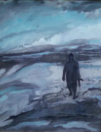 blue painting of a man with a gun