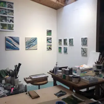 A corner of Lauro-Lazin's studio, with work for her upcoming show on the walls